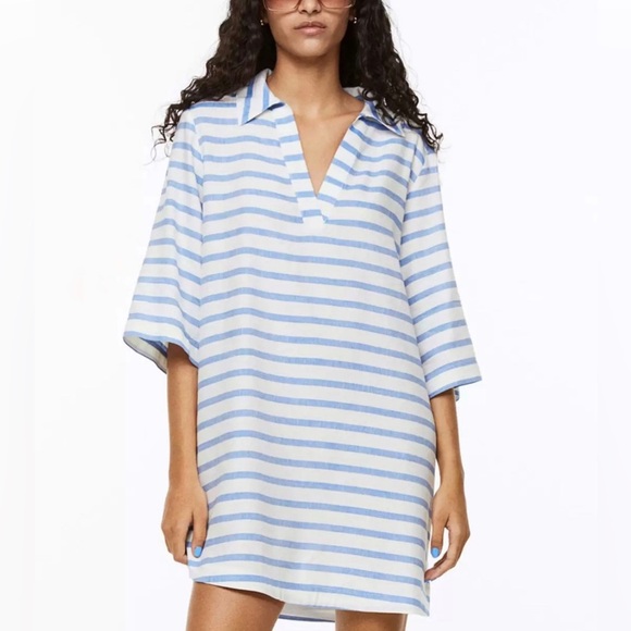 H&M Dresses & Skirts - H&M NEW Women Linen-Blend Collared Dress in Blue and White Stripes Size Small